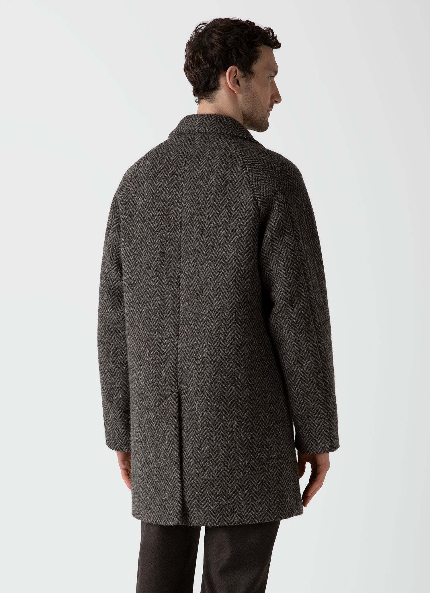 Men's British Wool Car Coat in Brown Herringbone 100% British Wool Fully Lined Regular Fit Mid Length Button Fastening
