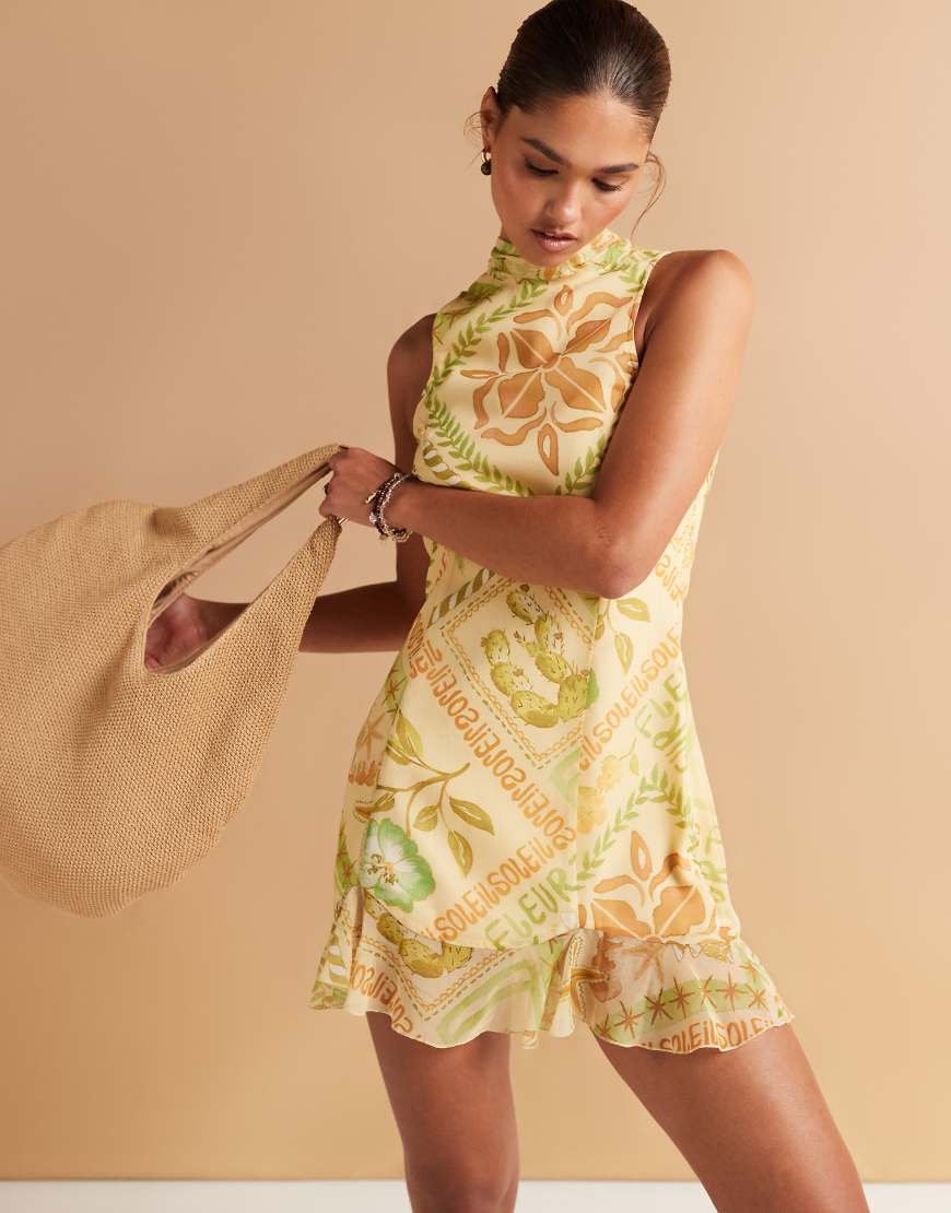 High neck cowl back chiffon mini dress in tropical print-Multi