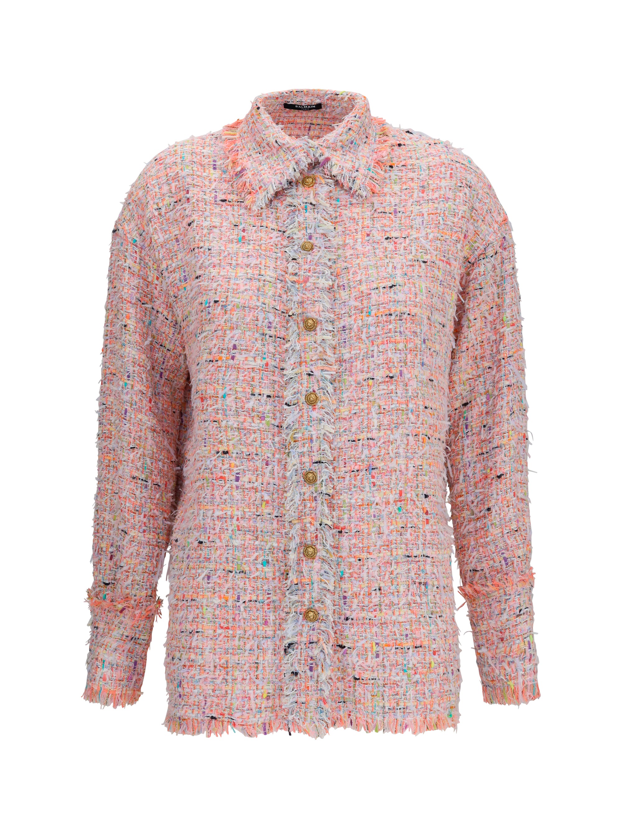 Tweed with Frayed Hem Shirt — Pink