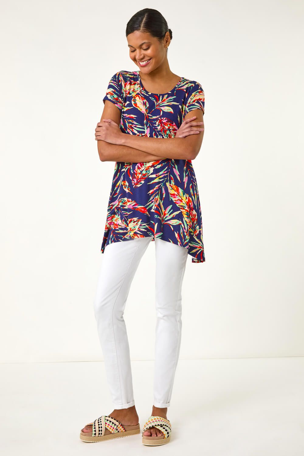 Roman Women's Leaf Print Hanky Hem Tunic Top in Navy