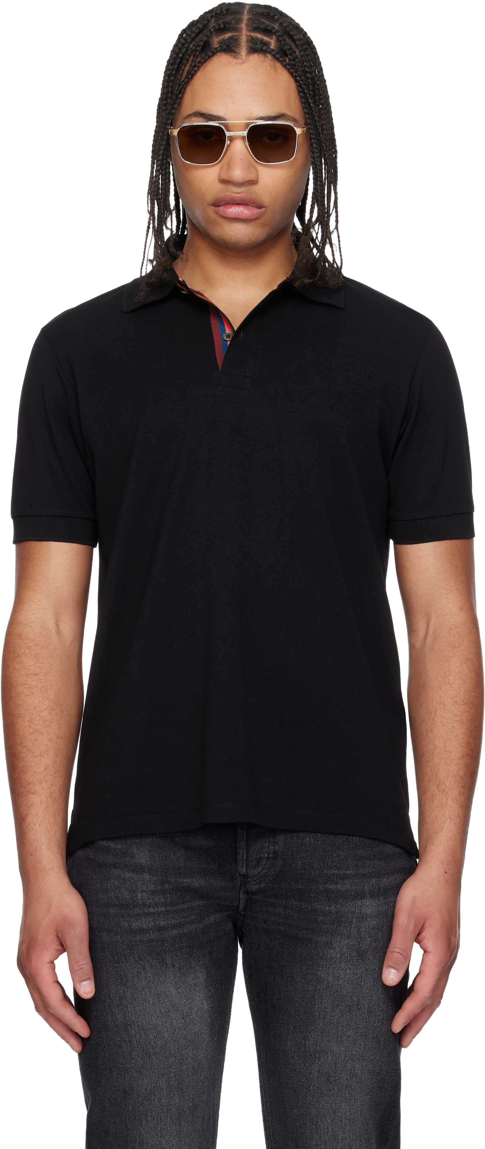 Black Cotton 'Artist Stripe' Placket Polo Shirt
