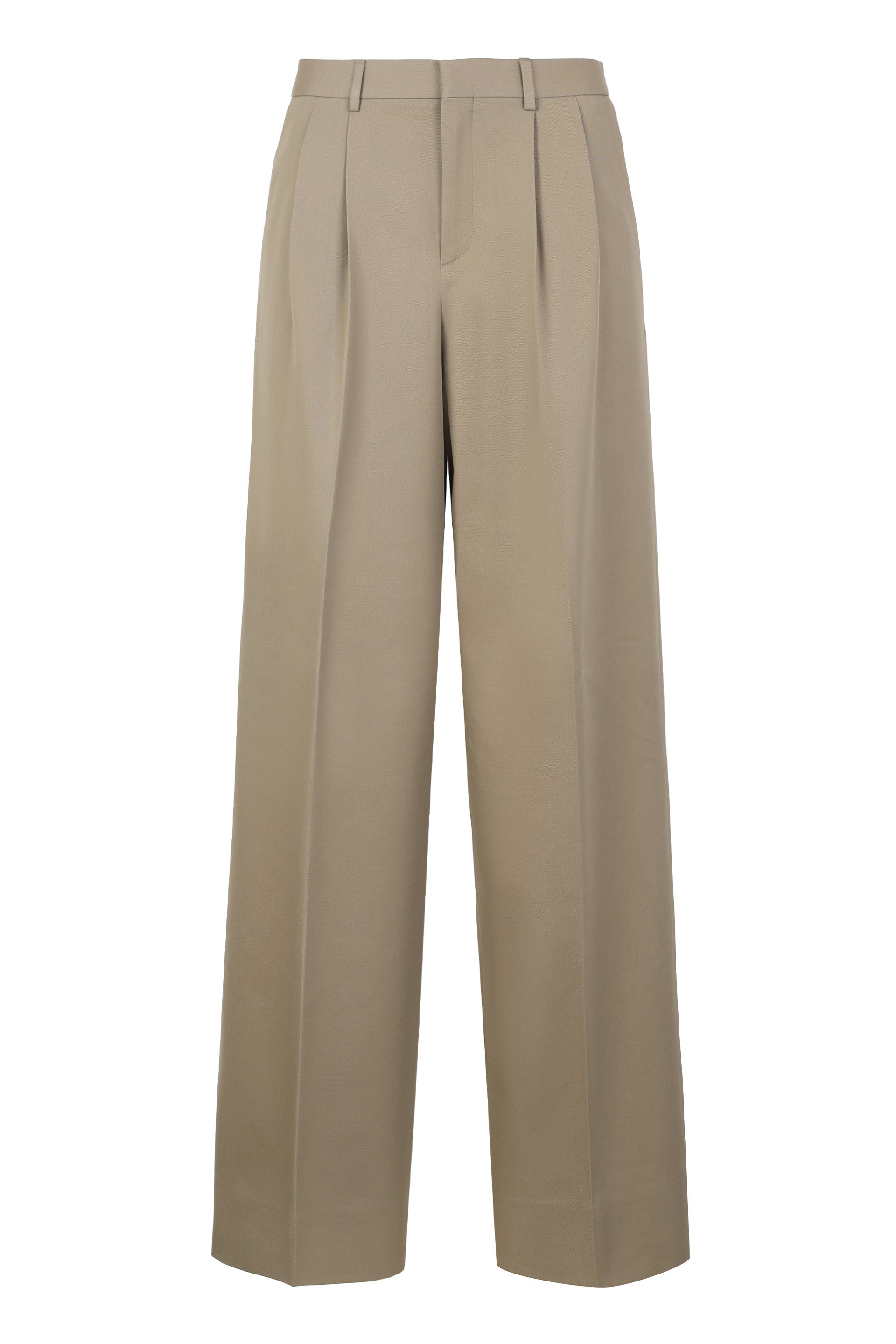Cotton-Wool Wide-Leg Trousers — Beige