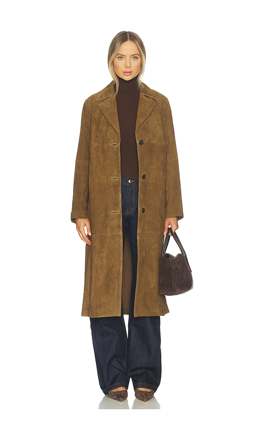 Vince Suede Leather Long Coat in Brown. L. Also in M