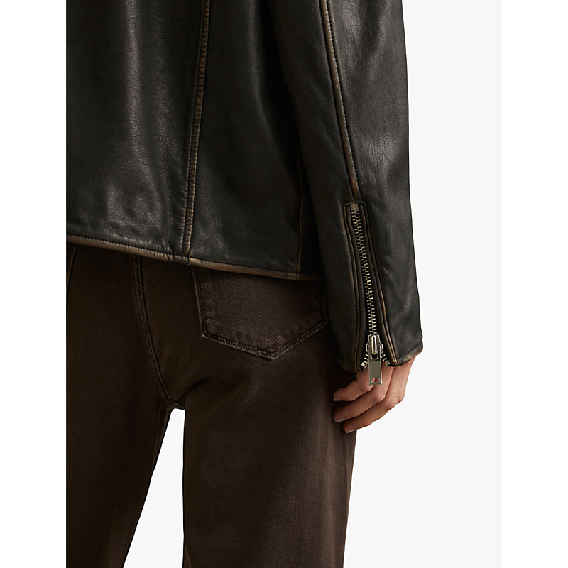 Womens Black Beau Relaxed-fit Leather Biker Jacket