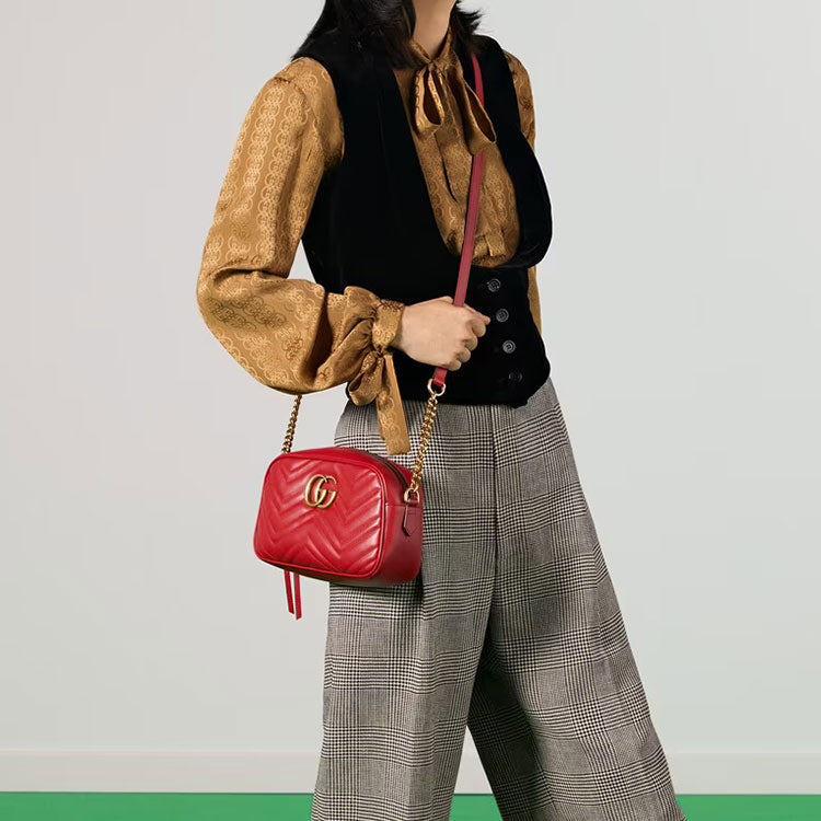 (WMNS) GG Marmont Gold Logo Leather Chain Small Red Classic Shoulder Messenger Bag