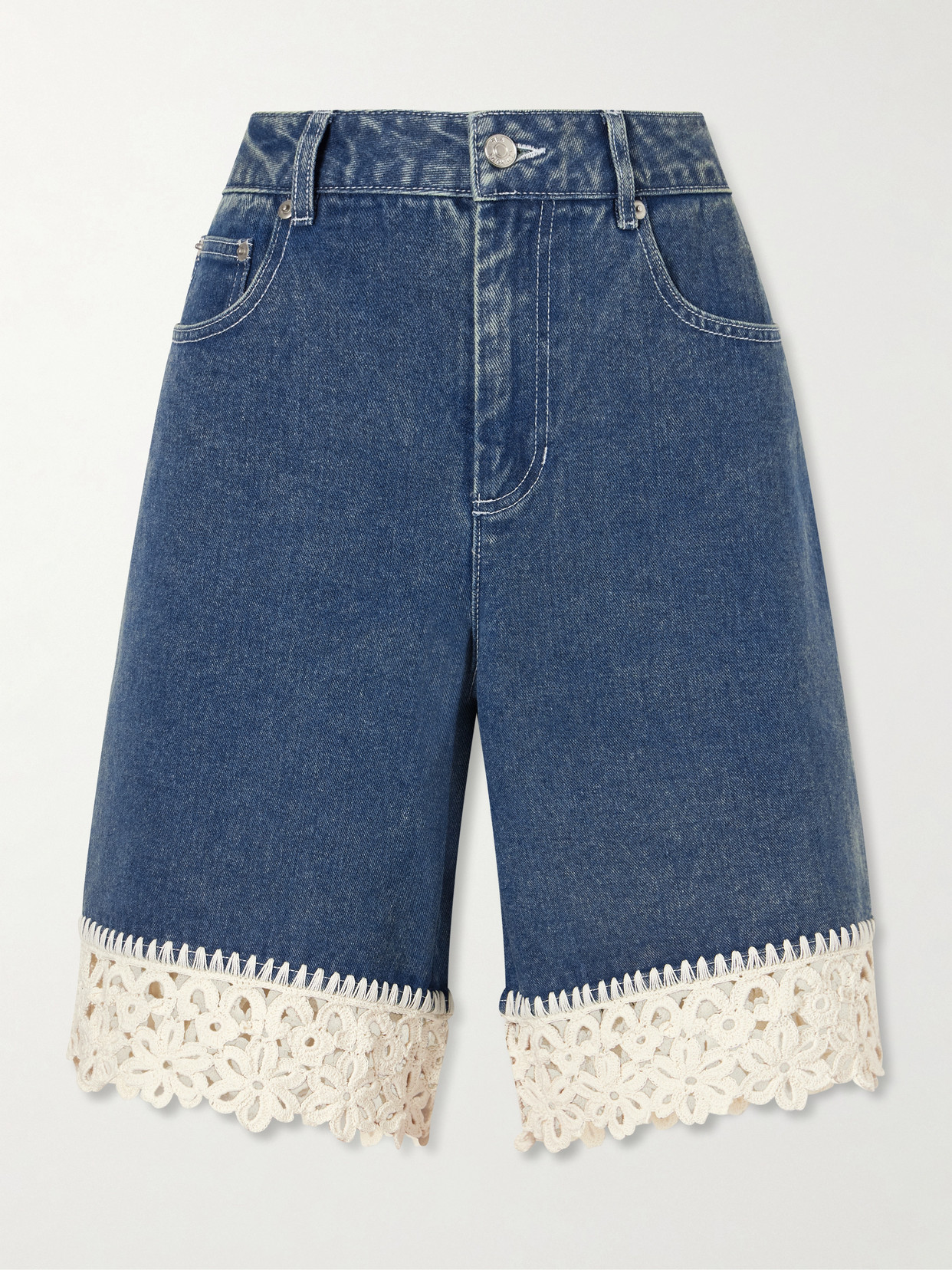 Stasia Crochet-knit Denim Shorts - Blue