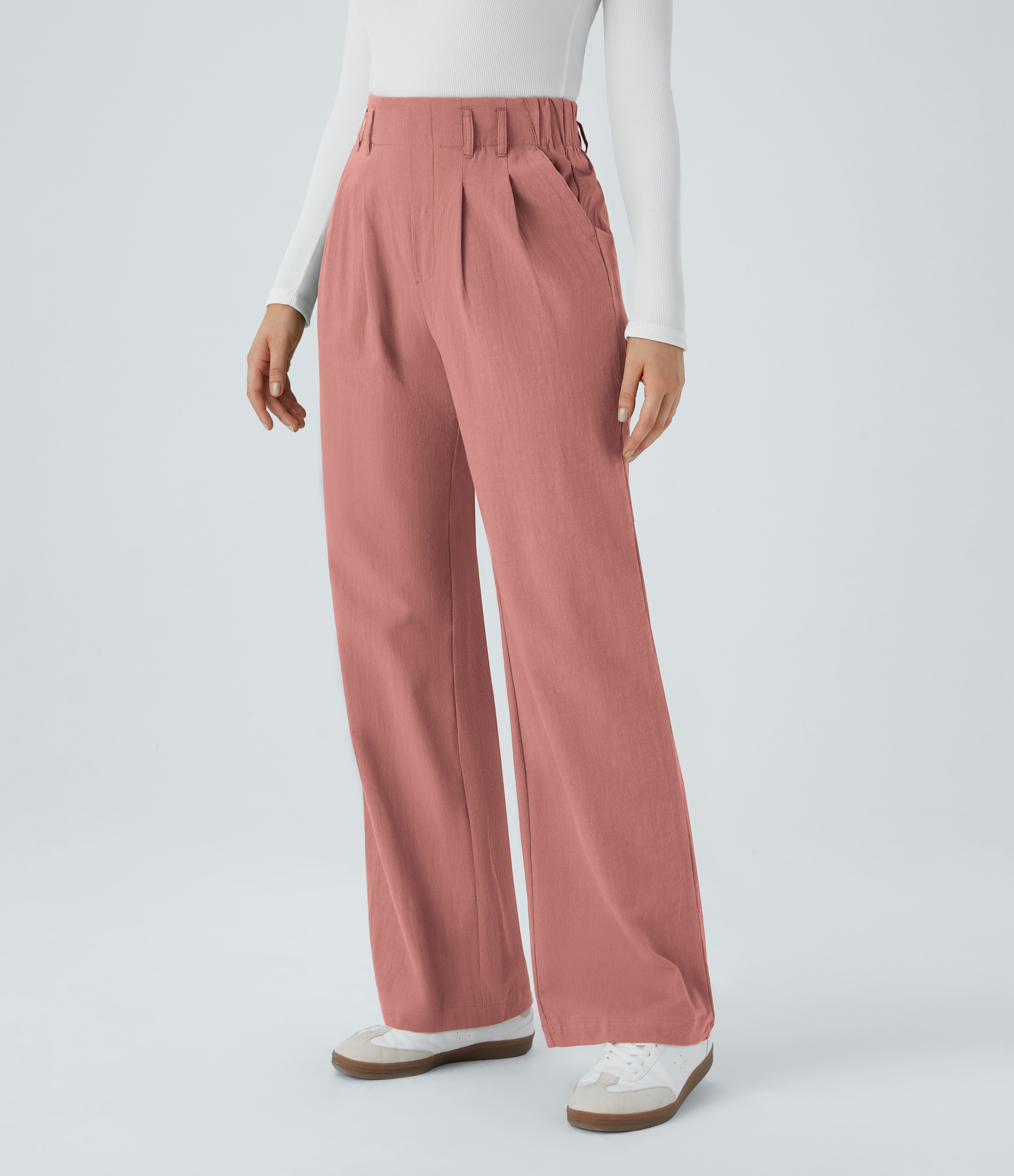 High Waisted Pocket Wide Leg Casual Linen-Feel Pants  - Rosette