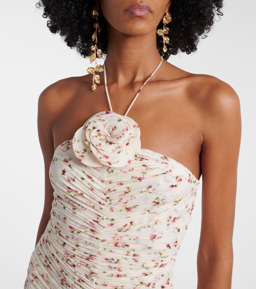 Floral-appliqué ruched midi dress