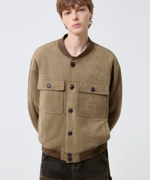 Two Pocket Button Suede Bomber Jacket_Beige