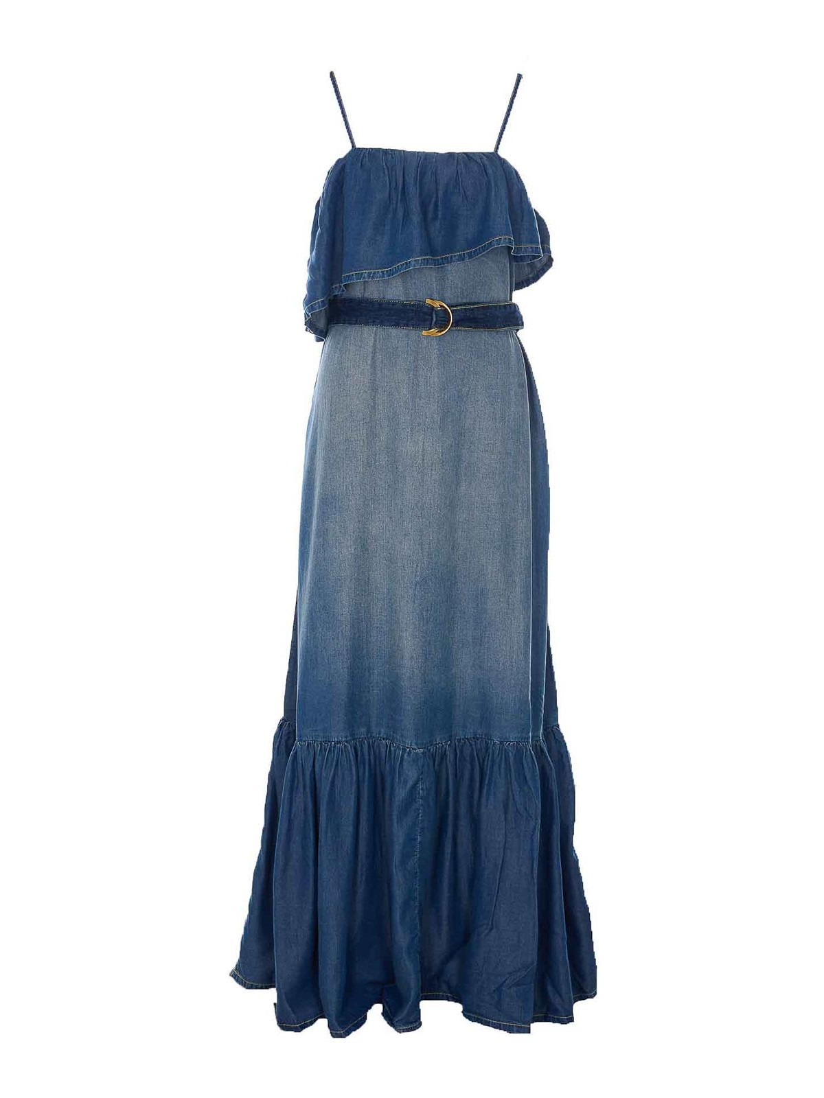 Ruffled Belted Denim Maxi Dress