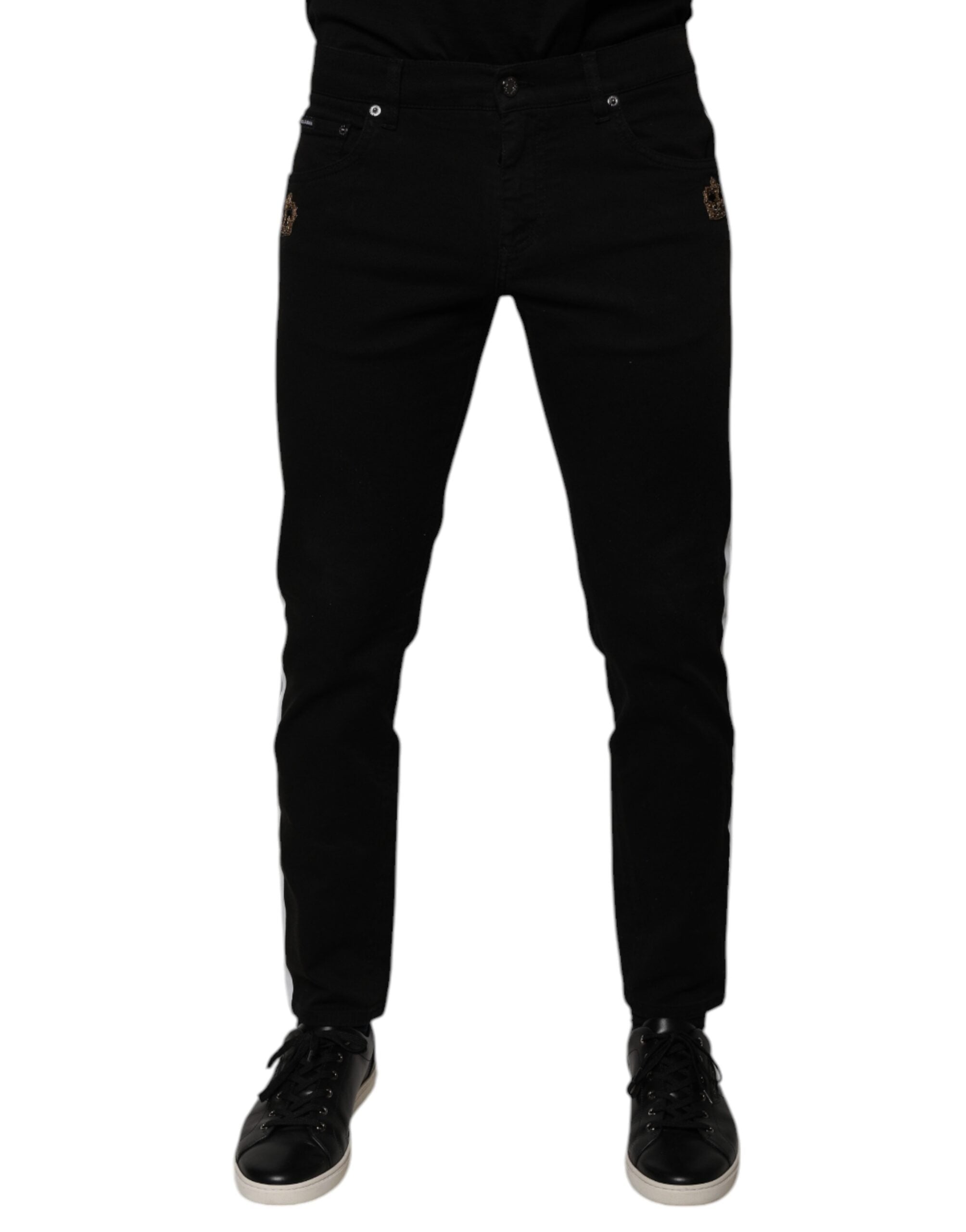 Skinny Denim with Crown Embroidery Jeans — Black
