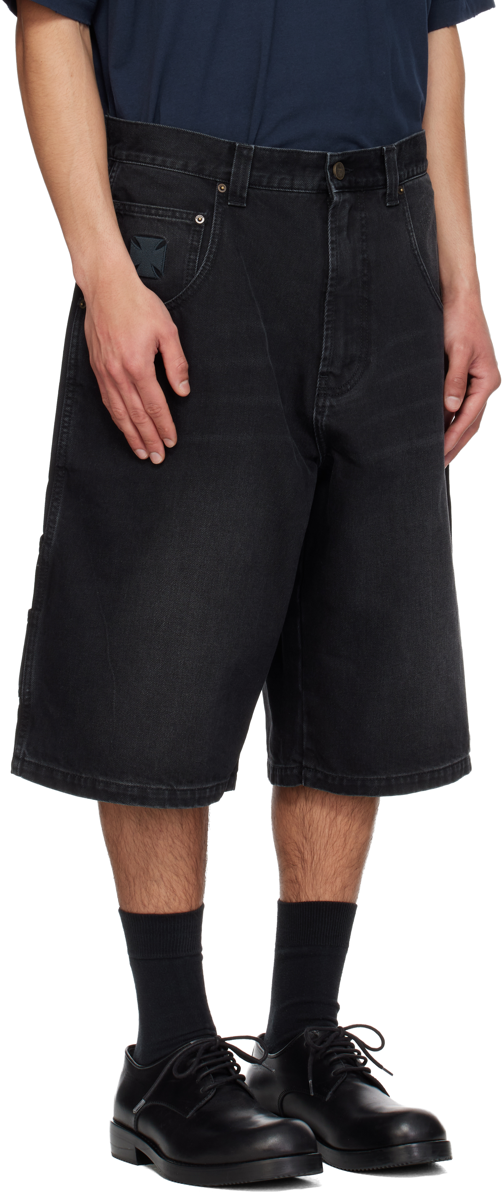 Black Appliqué Biker Cross Hip-Hop Denim Shorts
