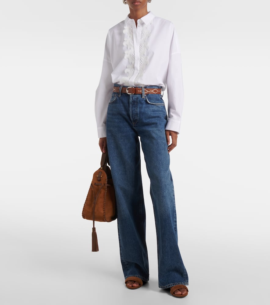 Lace-trimmed cotton-blend poplin blouse