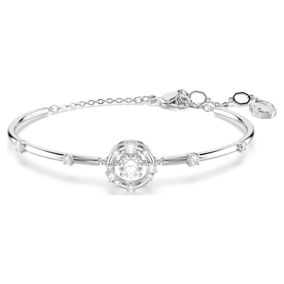 Constella bangle, Round cut, Dancing stone, White, Rhodium plated