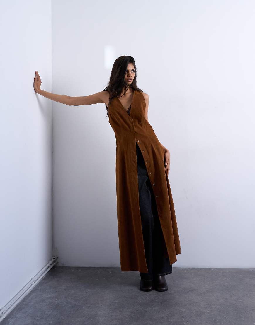 Faux suede hidden button plaquette midi dress in brown