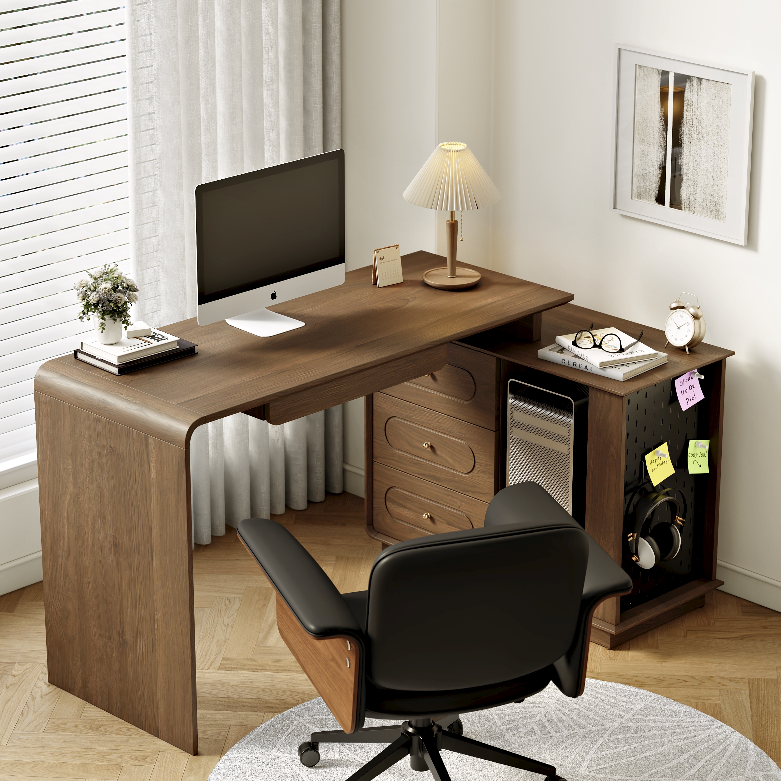 Walnut L-Shaped Corner Computer Desk, Multifunctional Rotating Workstation with Adjustable Storage Shelf, Keyboard Tray, Fits for Home Office & Sma