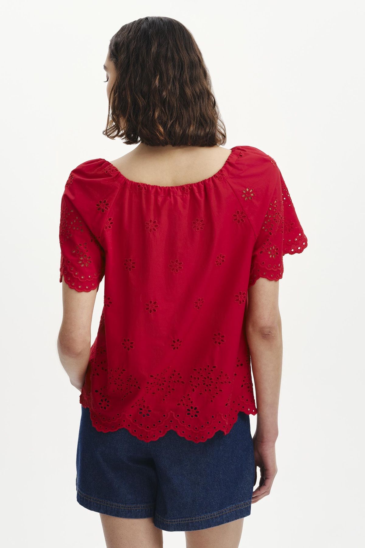 Finery London Women's Ruthie Embroidered Cotton Drawstring Top in Red