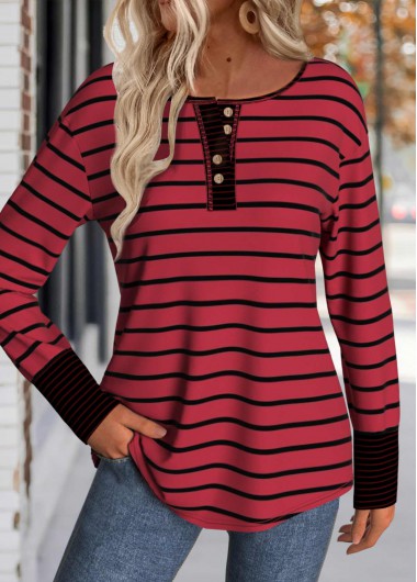 Modlily Wine Red Patchwork Striped Long Sleeve T Shirt