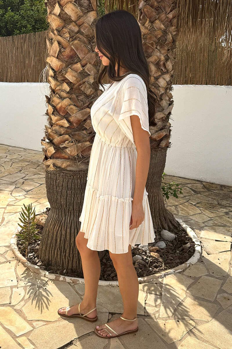 AX Paris Women's White & Gold Striped Wrap Top Tiered Mini Dre