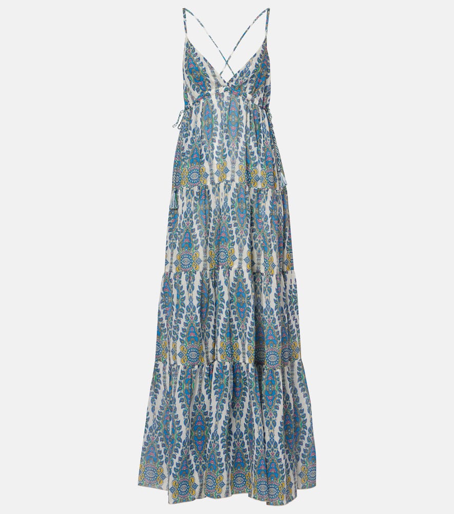 Printed tiered cotton and silk maxi dress