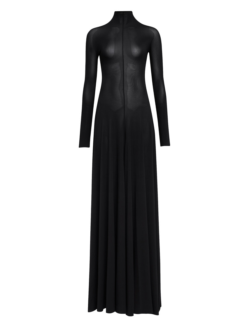 ALAIA HNK LS PLEAT SHEER MAXI DRESS BLACK
