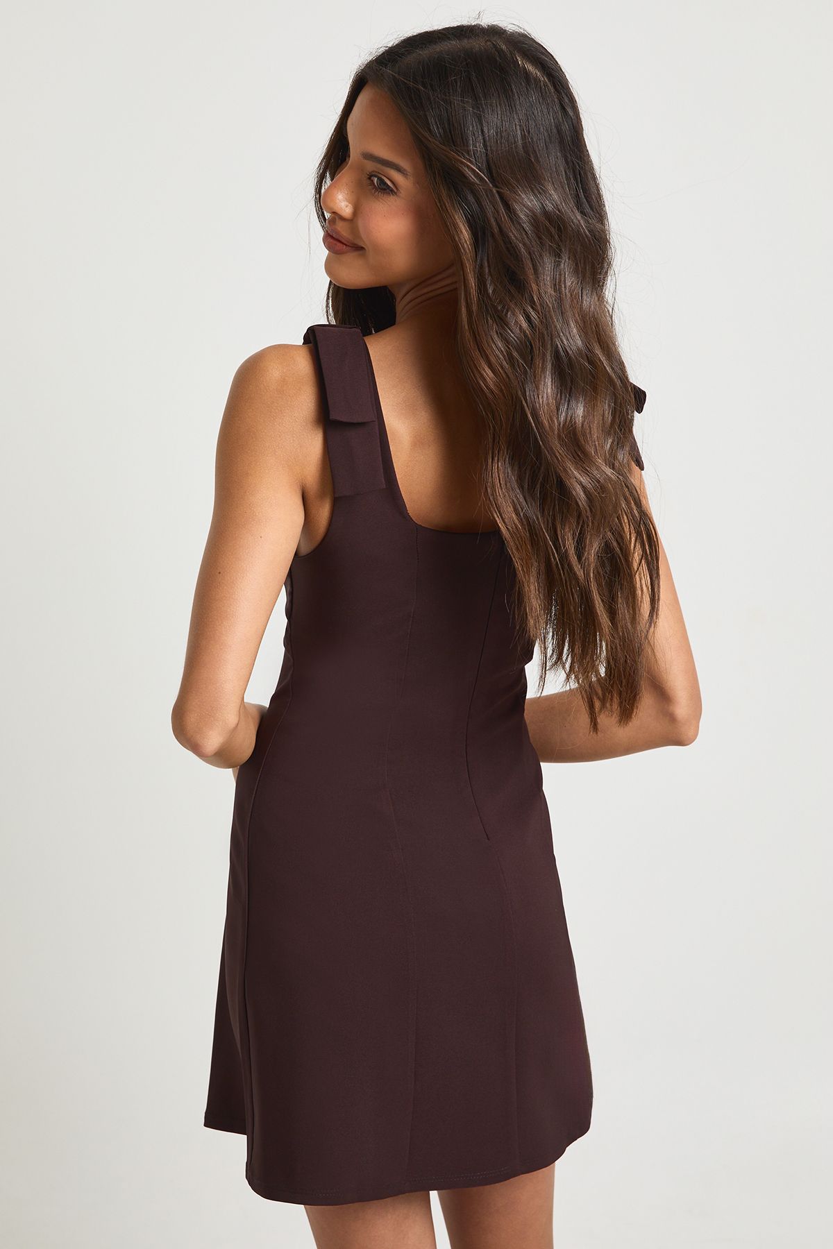 Boohoo Womens Tie Shoulder Square Neck Skater Dress - Chocolate Viscose