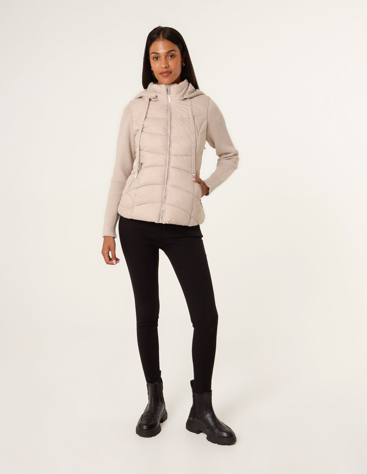 Blue Vanilla Womens Knitted Sleeve Puffer Jacket - Stone - Sma