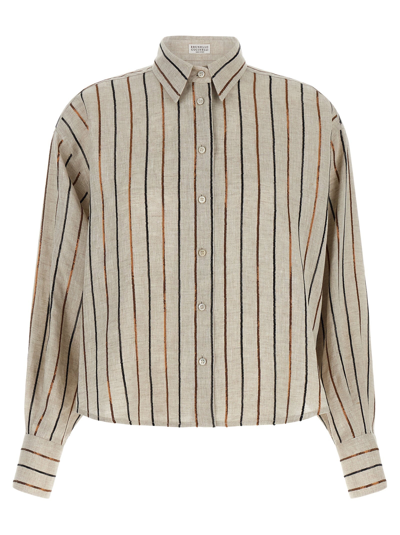 Sequin Stripe Linen Shirt — Beige