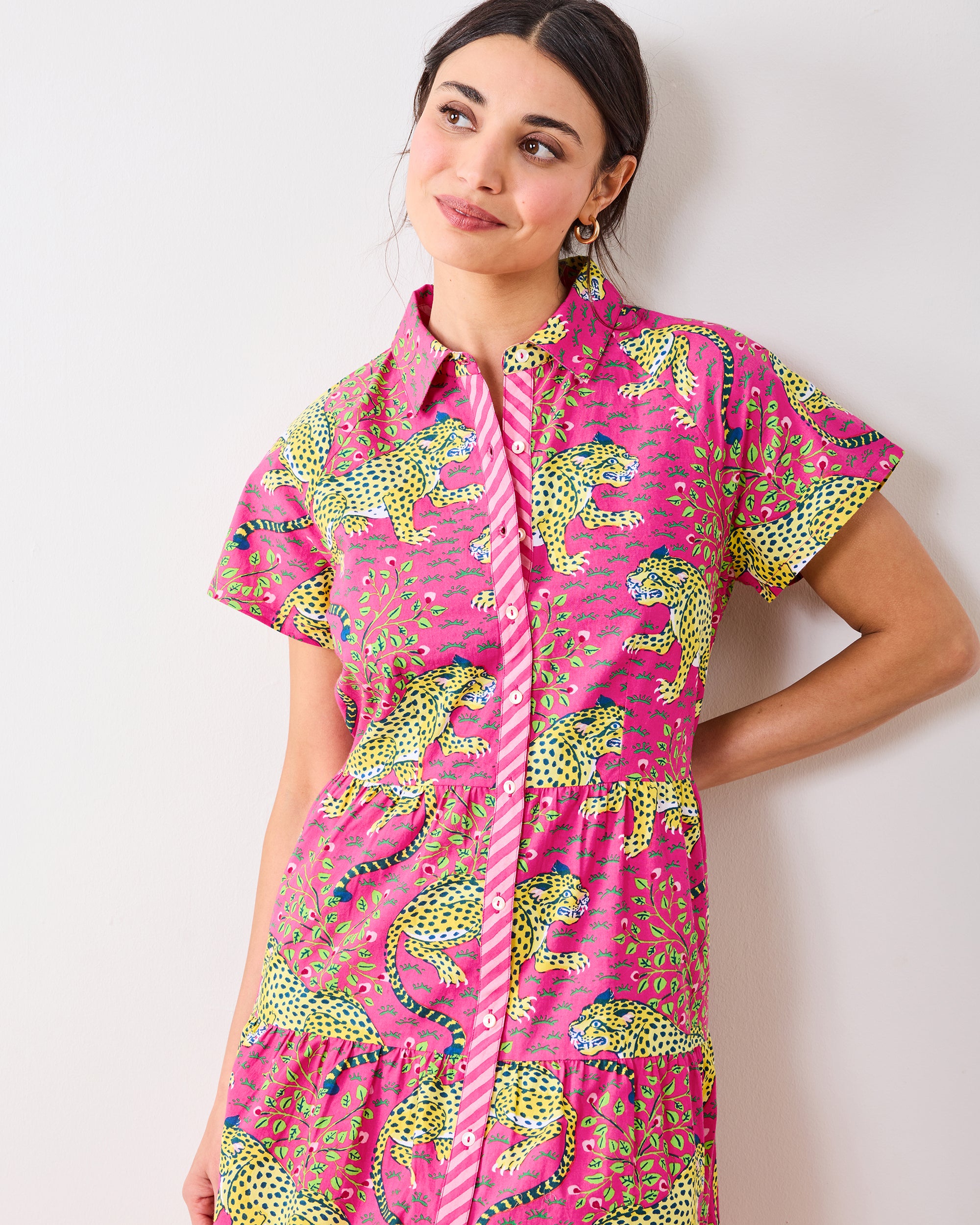 Organic Cotton Button-Front Short-Sleeve Collared Mini Dress in Leopard Bagheera | Women's XS | Pink