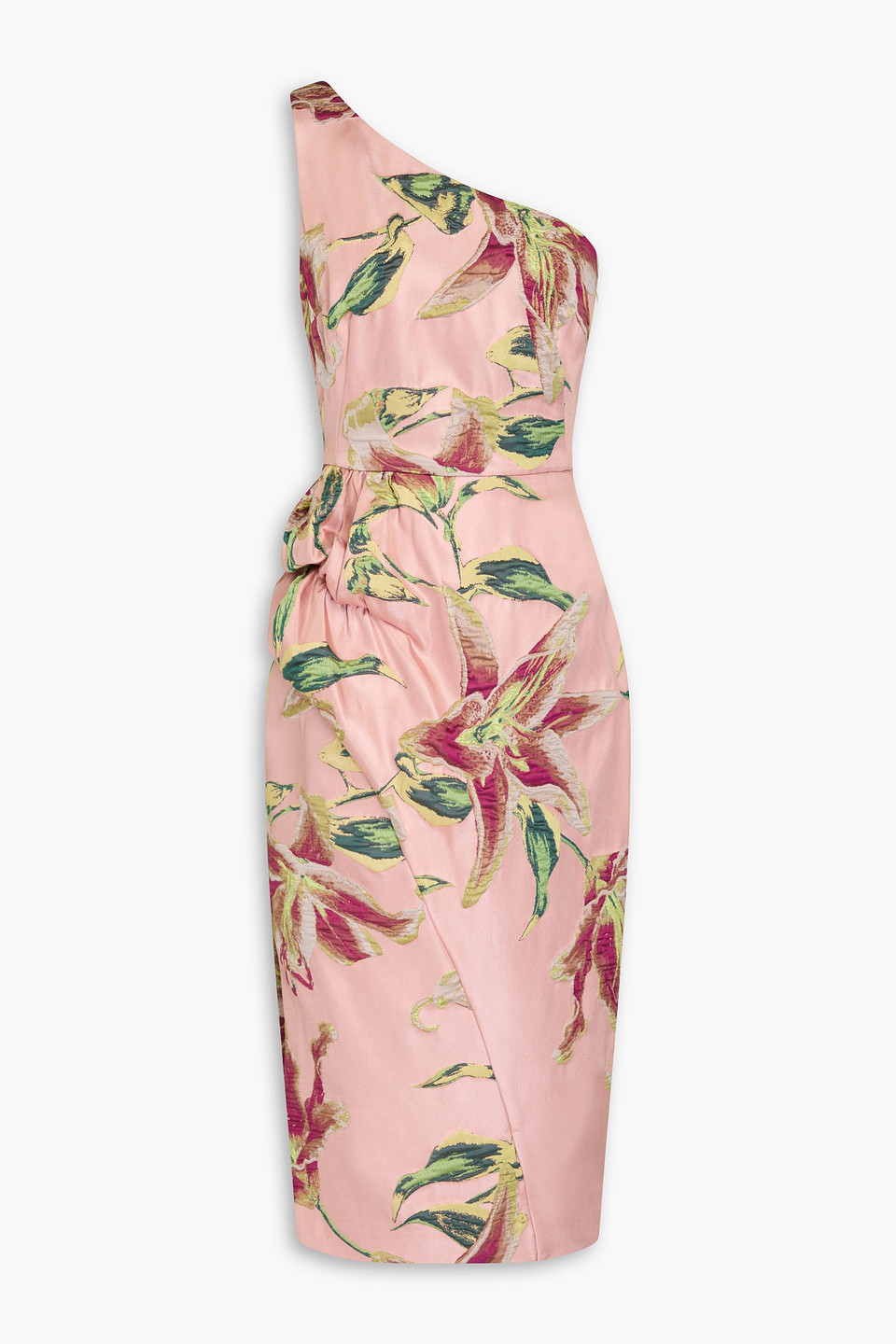 One-shoulder draped floral-jacquard midi dress