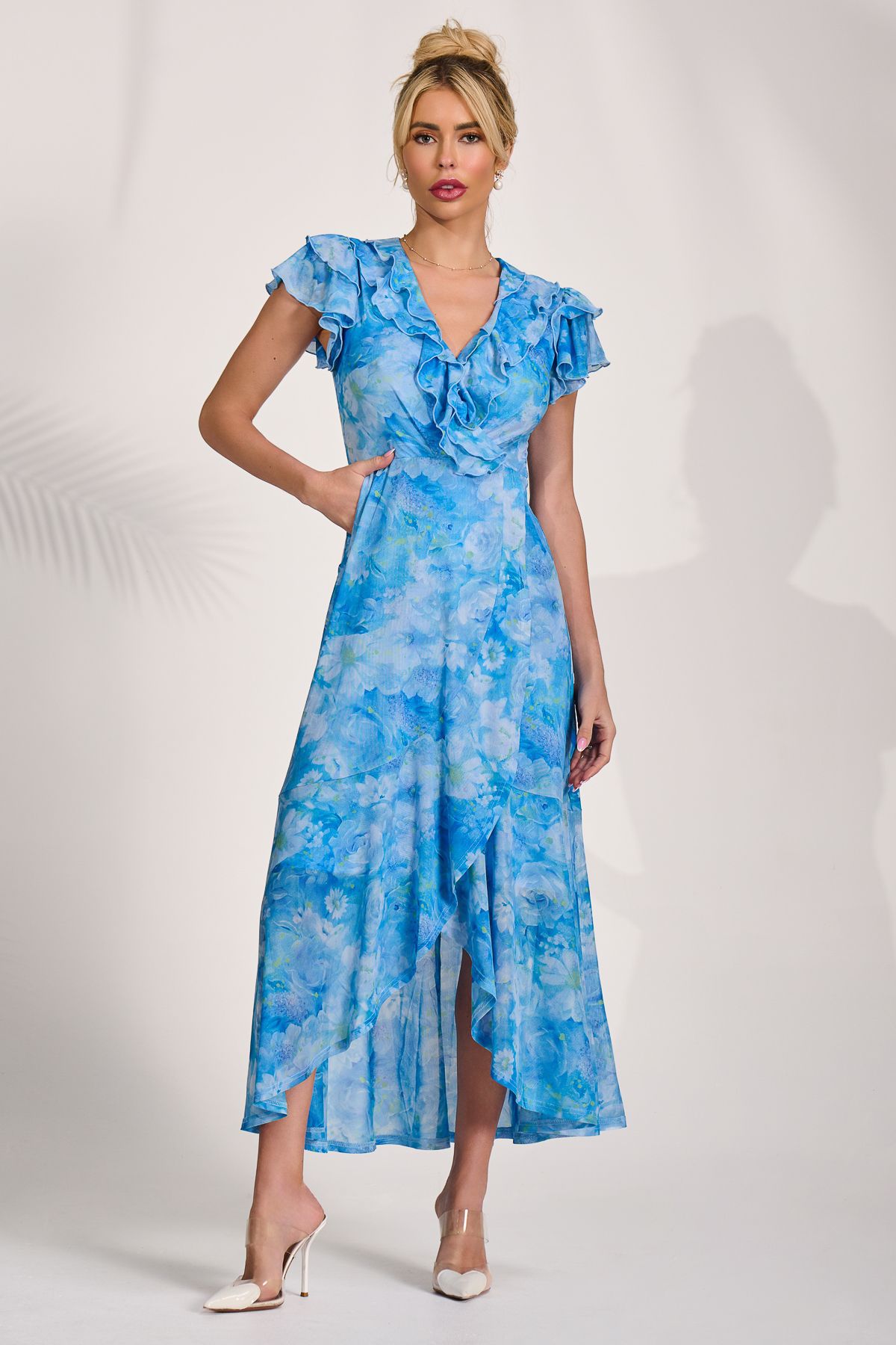 Jolie Moi Women's Ruffled Mesh Maxi Dress in Blue