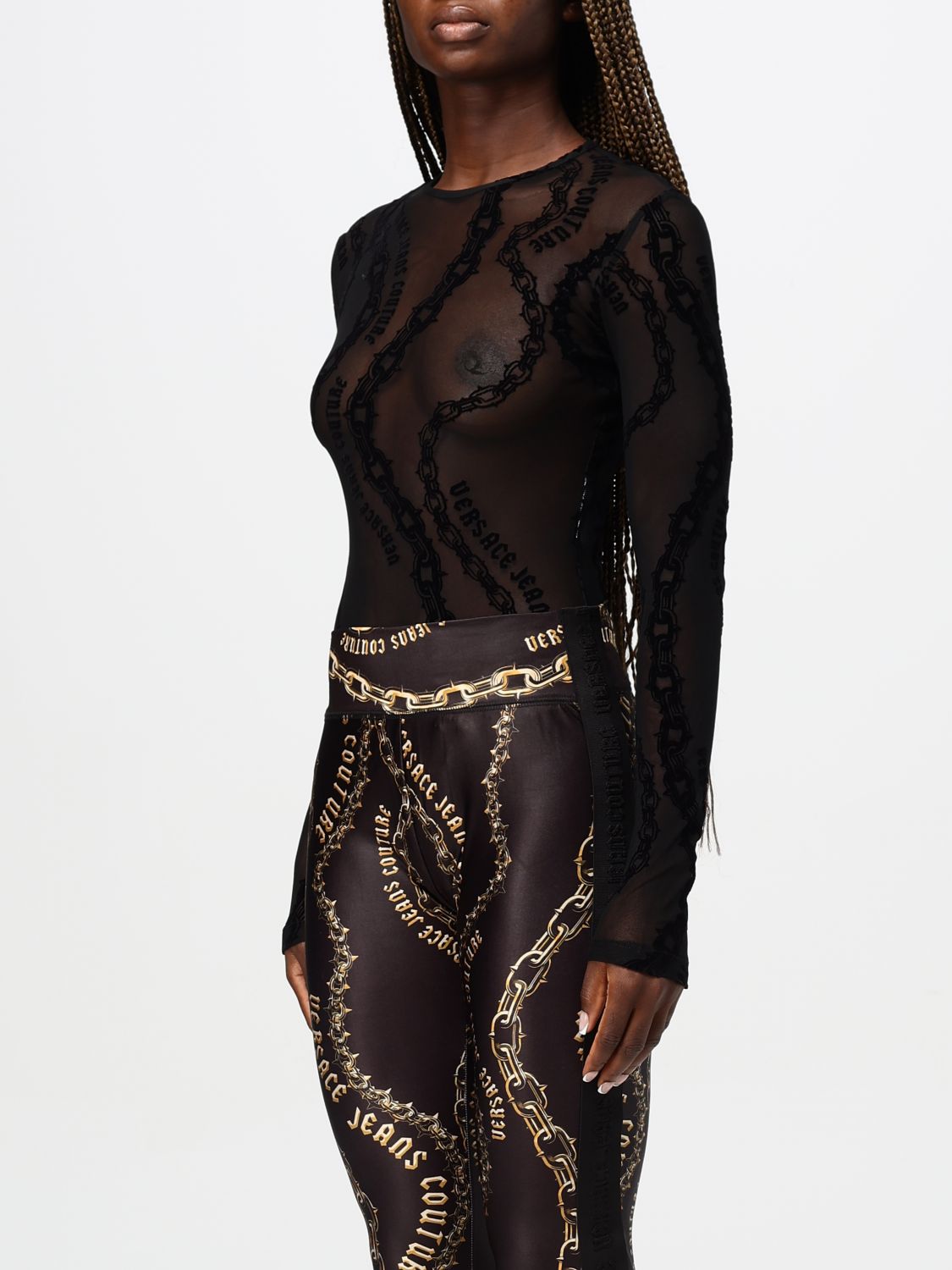 Chain Couture-print tulle bodysuit - Black