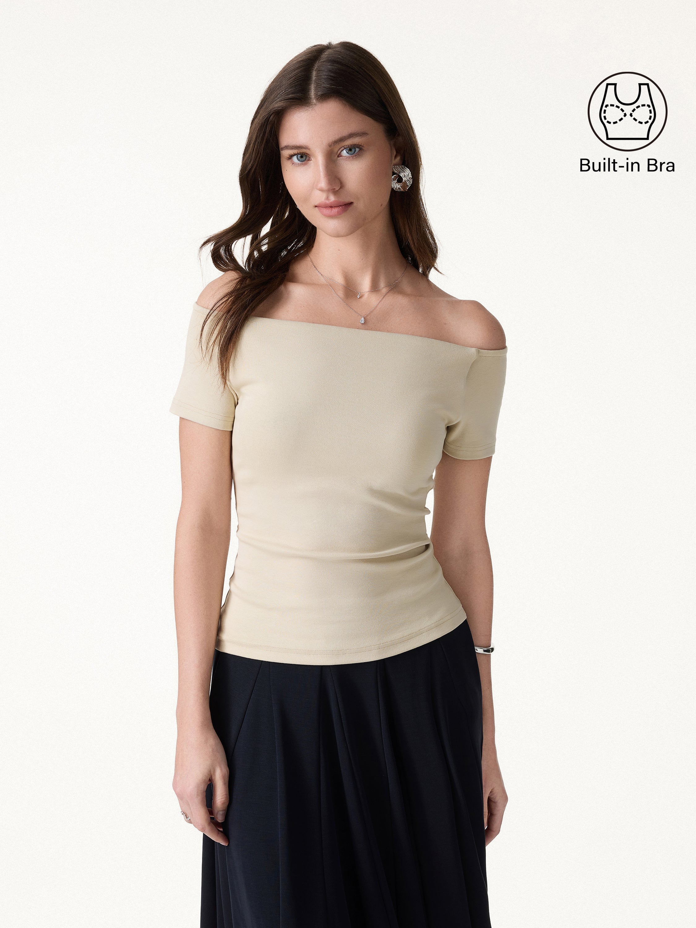 Cotton Lyocell Non-Slip Off-the-Shoulder Bra Top - Ash Beige