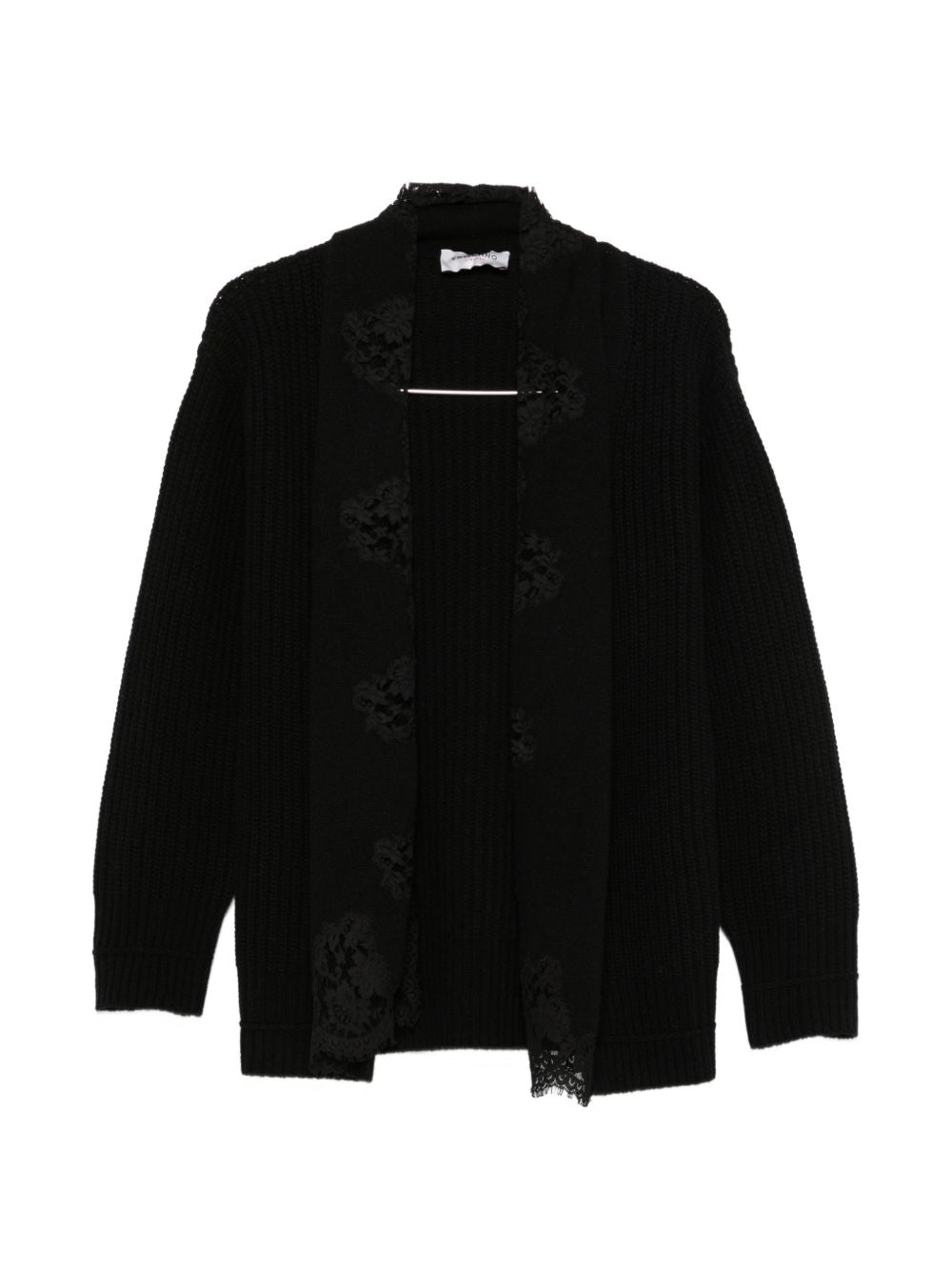 Lace-Paneled Ribbed Cardigan — Black