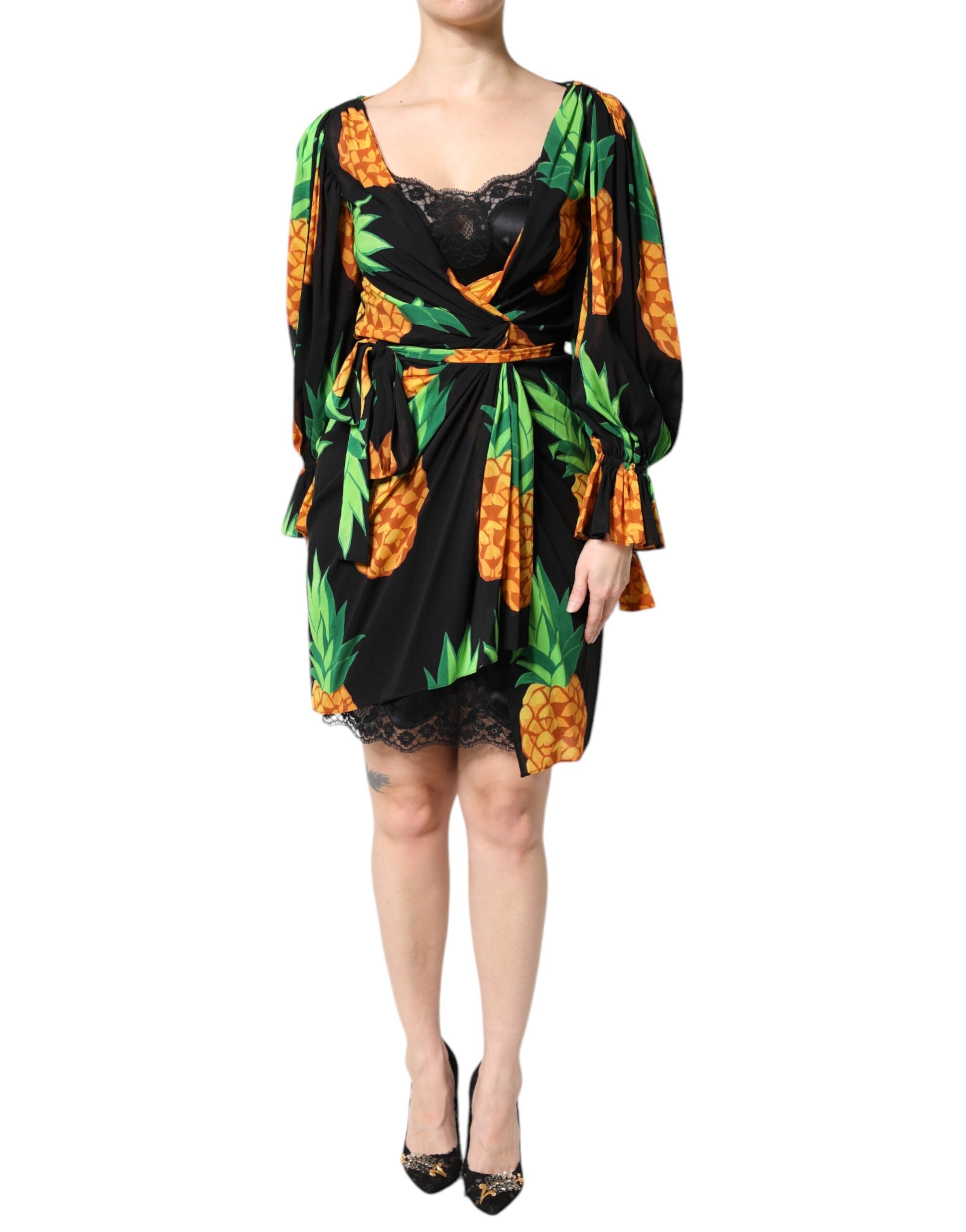 Pineapple-Print Silk Dress — Black