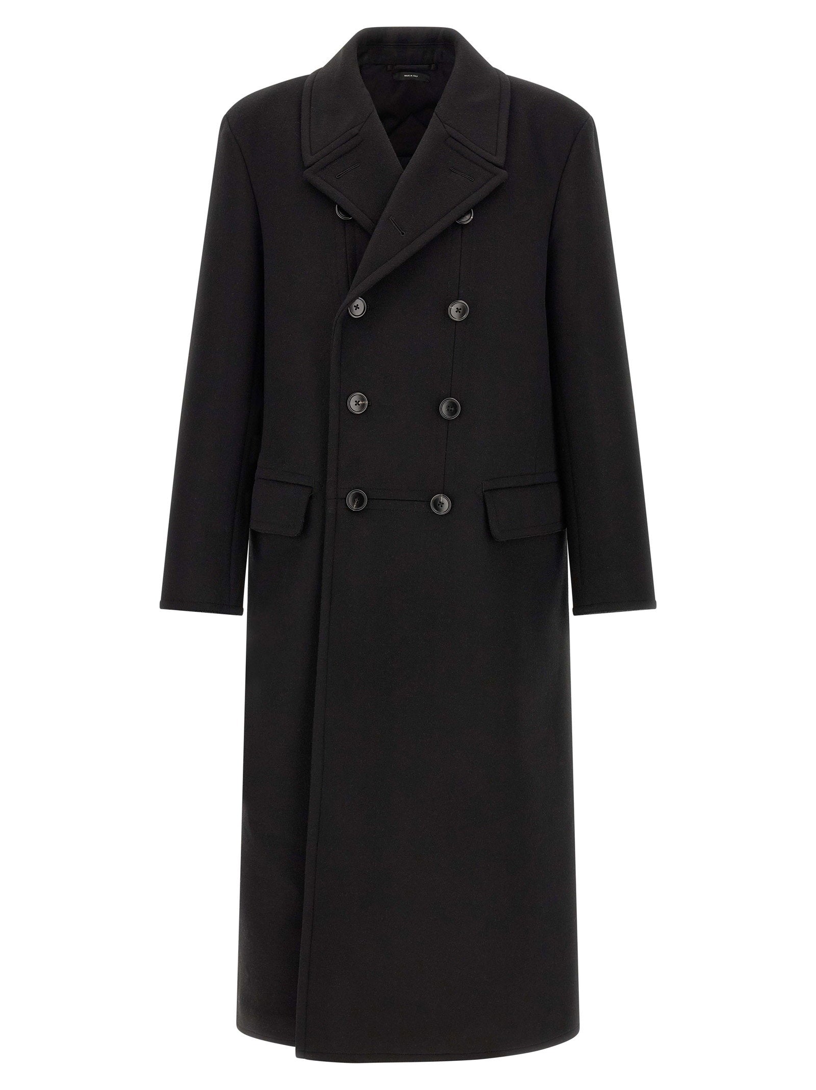 Double-Breasted Melton Coat — Black