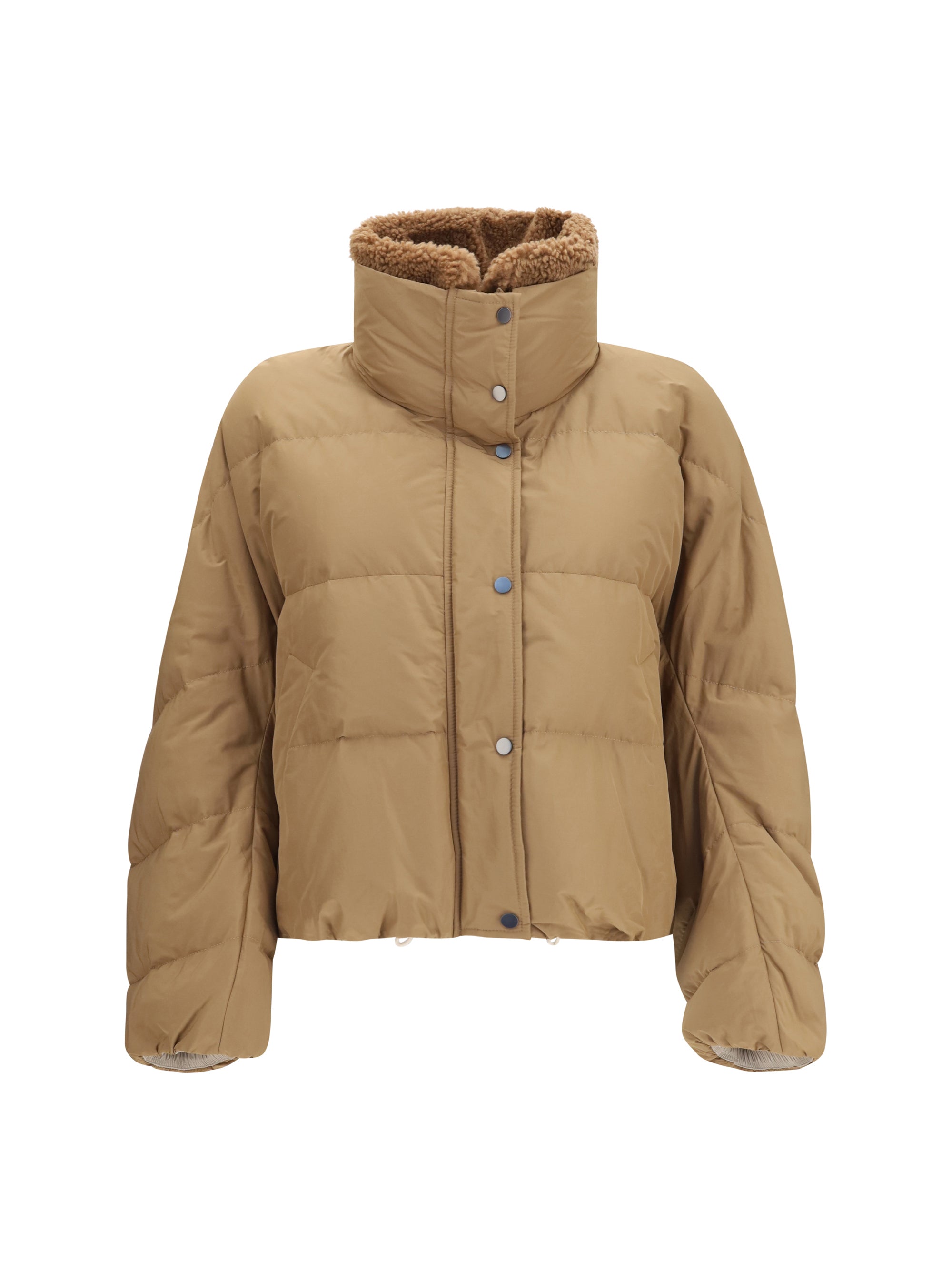 Shearling-Collar Padded Down Jacket — Beige