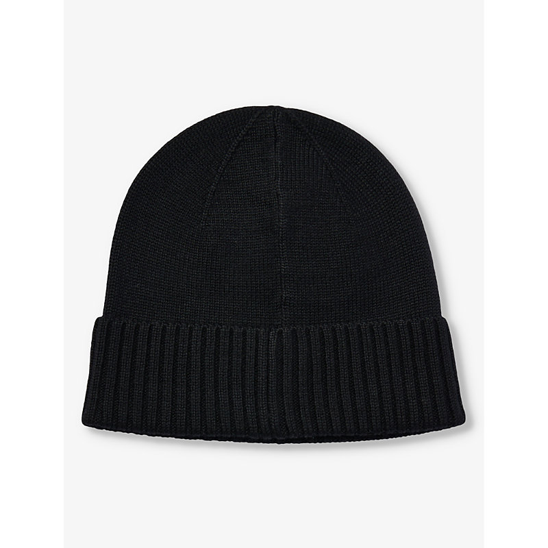 Mens Polo Black Brand-embroidered Folded-brim Wool Beanie