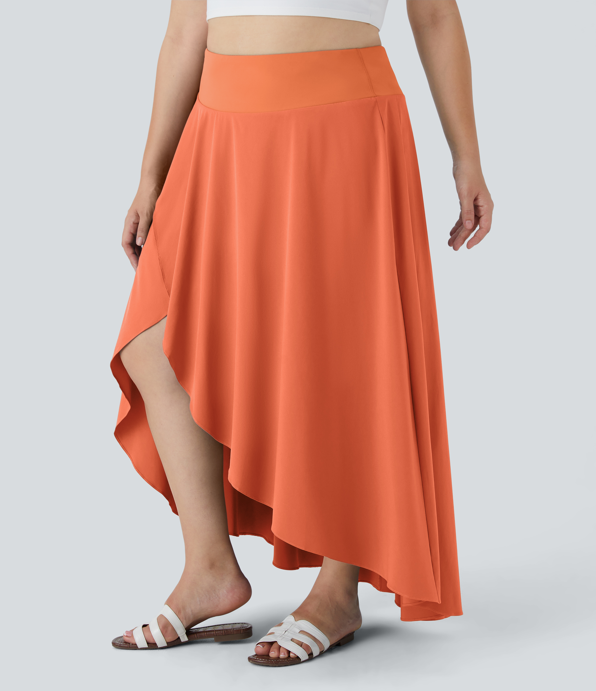 Breezeful™ High Waisted High Low Ruffle 2-in-1 Flowy Midi Quick Dry Casual Plus Size Skirt  - Flamingo