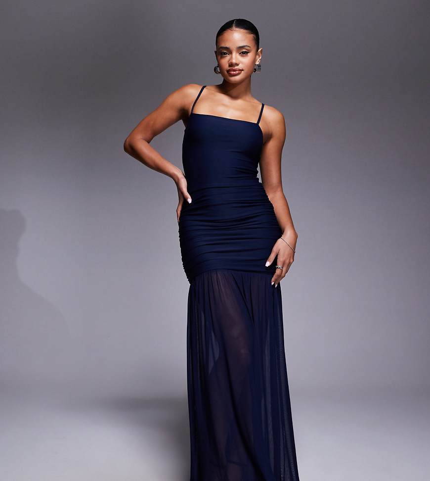 Exclusive structured square neck contrast skirt sheer hem maxi dress in navy