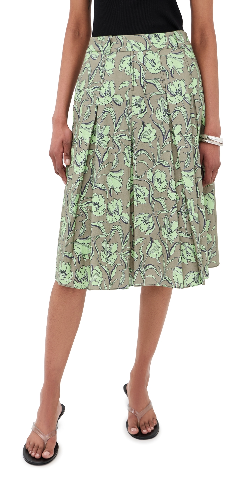 Pleated Knee Length Skirt with Combo Sage Multi
