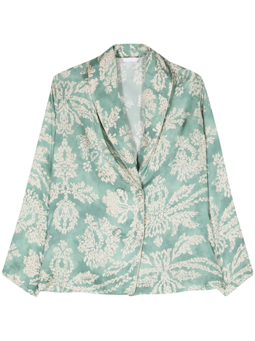 Leaf-print double-breasted blazer - Green