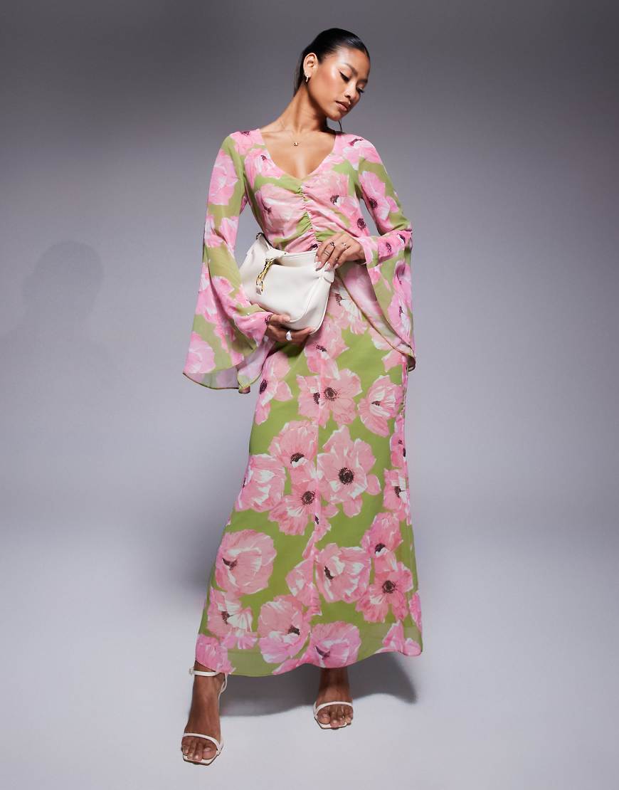 ASOS DESIGN v neck ruched front maxi dress in pink floral print-Multi