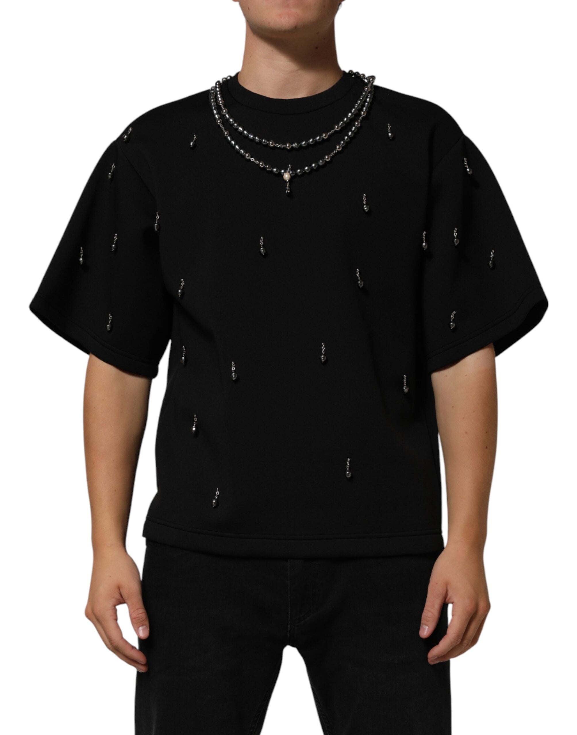 Necklace-Embellished T-Shirt — Black