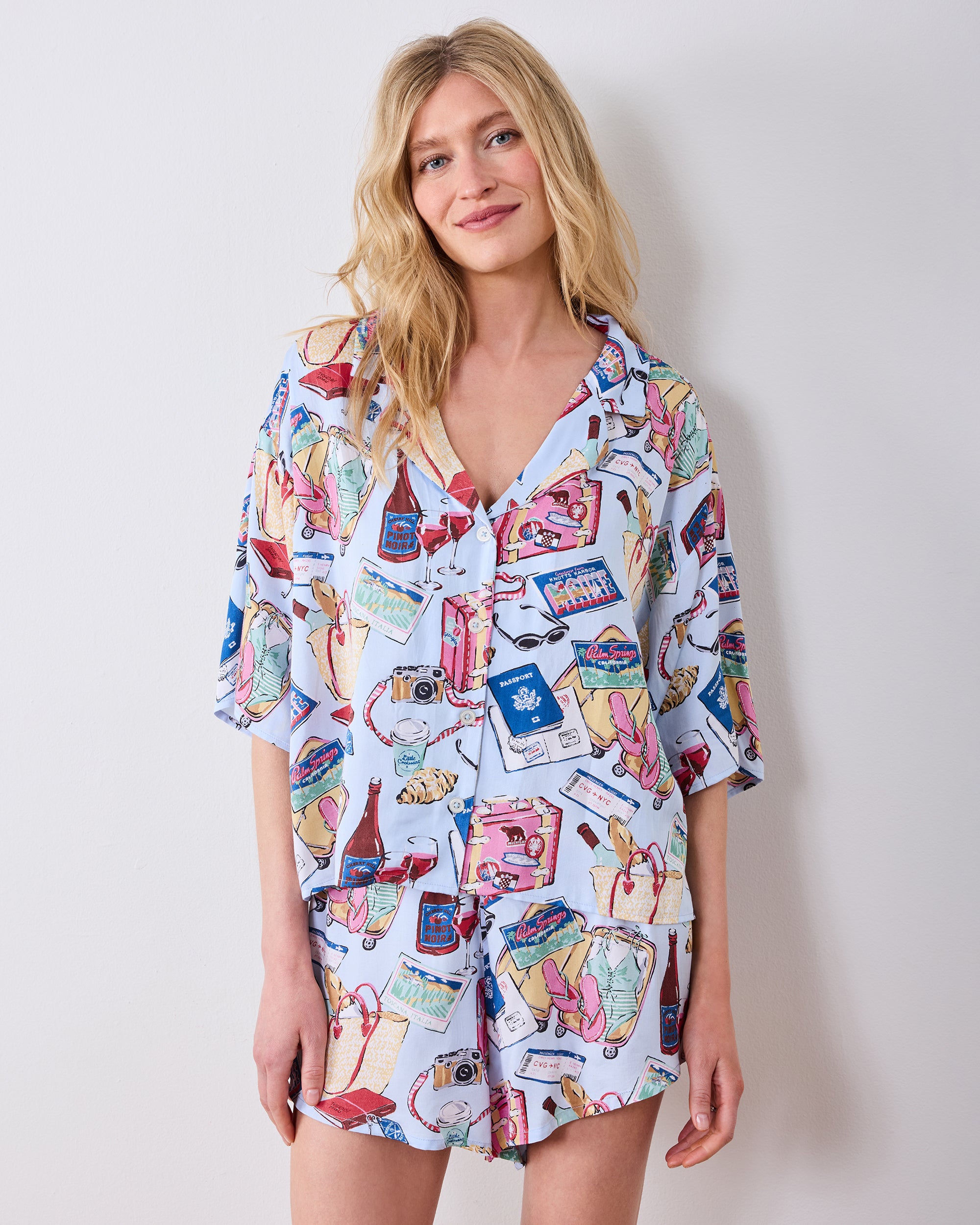 PF + Emily Henry Eco Silky Half Sleeve and Shorts Pajama Set in Emotional Baggage | Women's Plus 6X | Blue | | Sleepwear