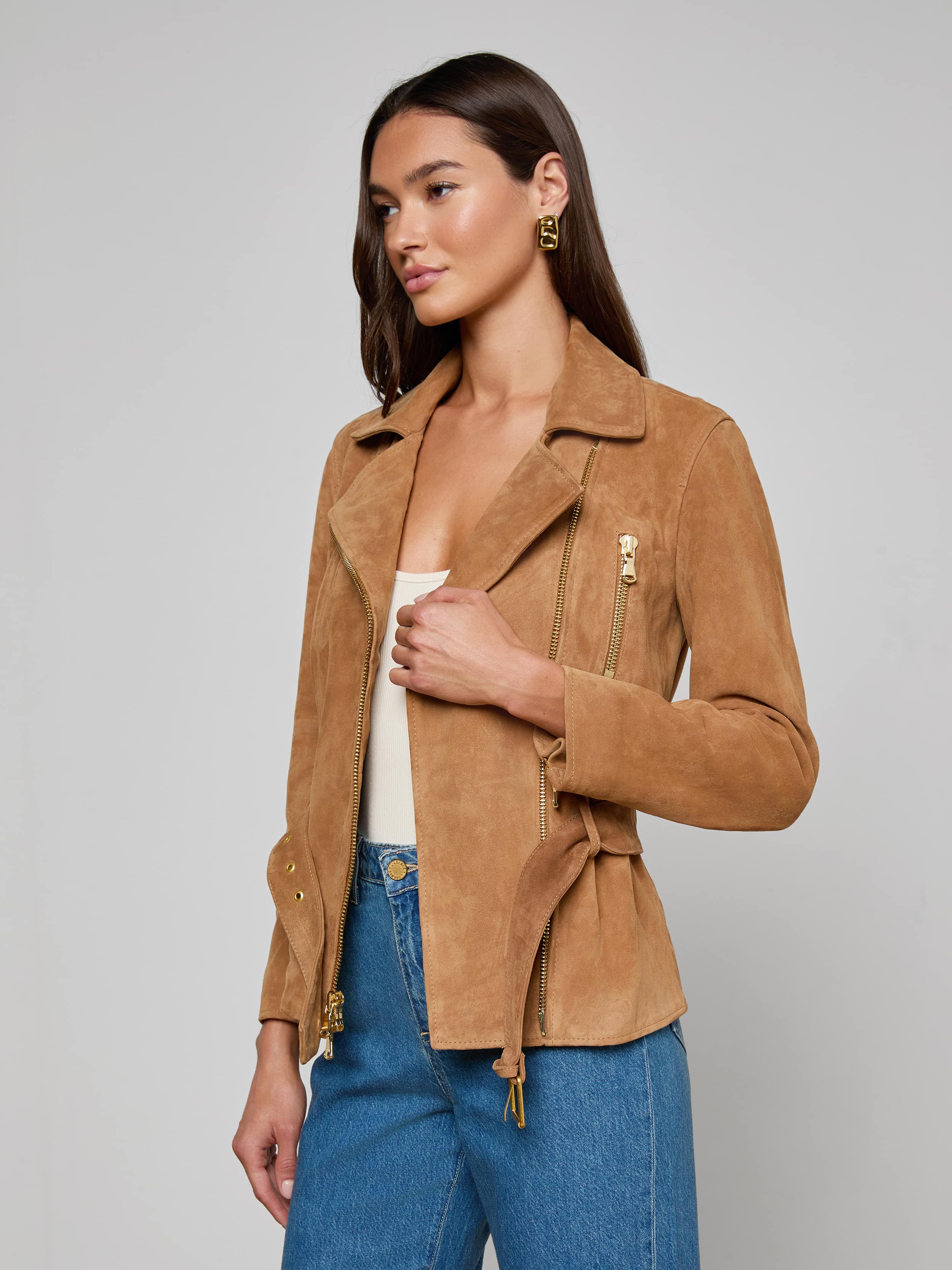 Dinah Suede Biker Jacket In Dark Chai Latte