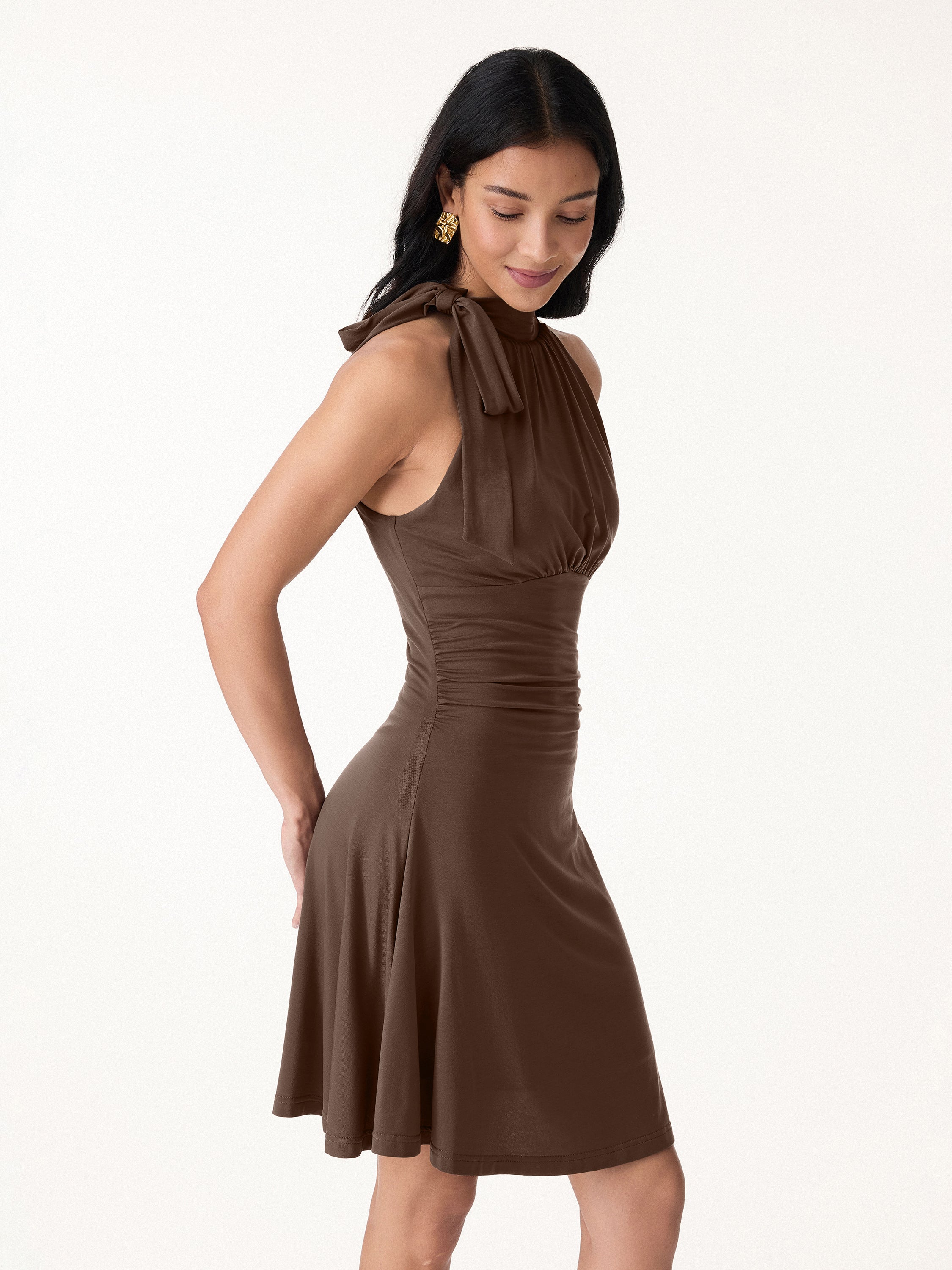Milky Matte Mockneck Bow Tie Ruched Mini Bra Dress - Chocolate Brown