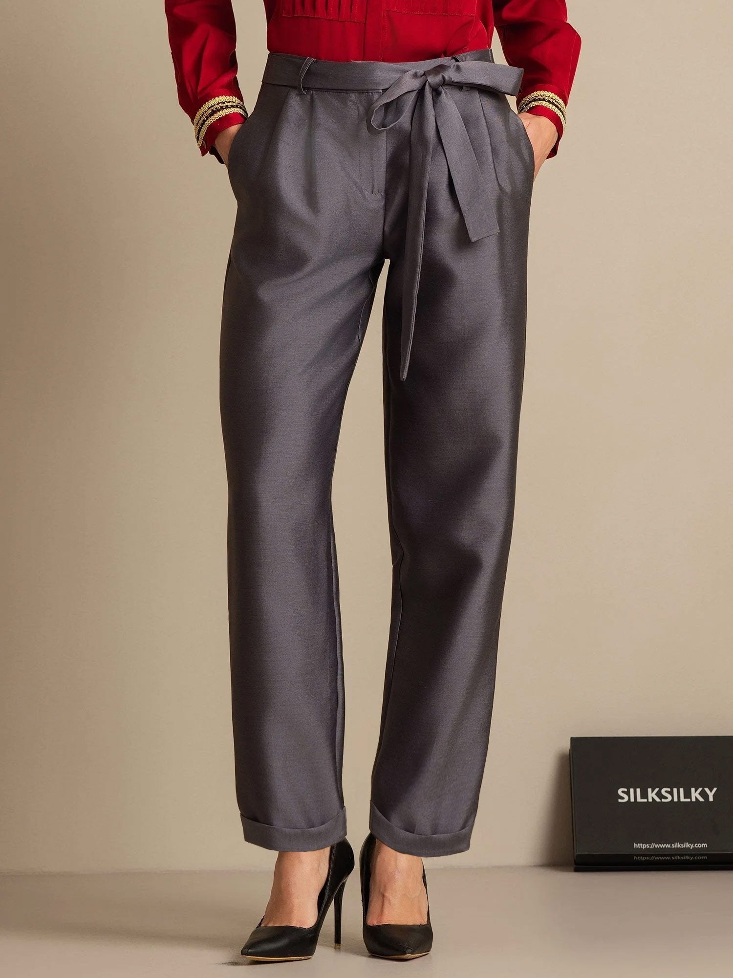 32Momme Silk-Wool Blend High Waist Tapered Cropped Women's Pants with Tie Waist Design
