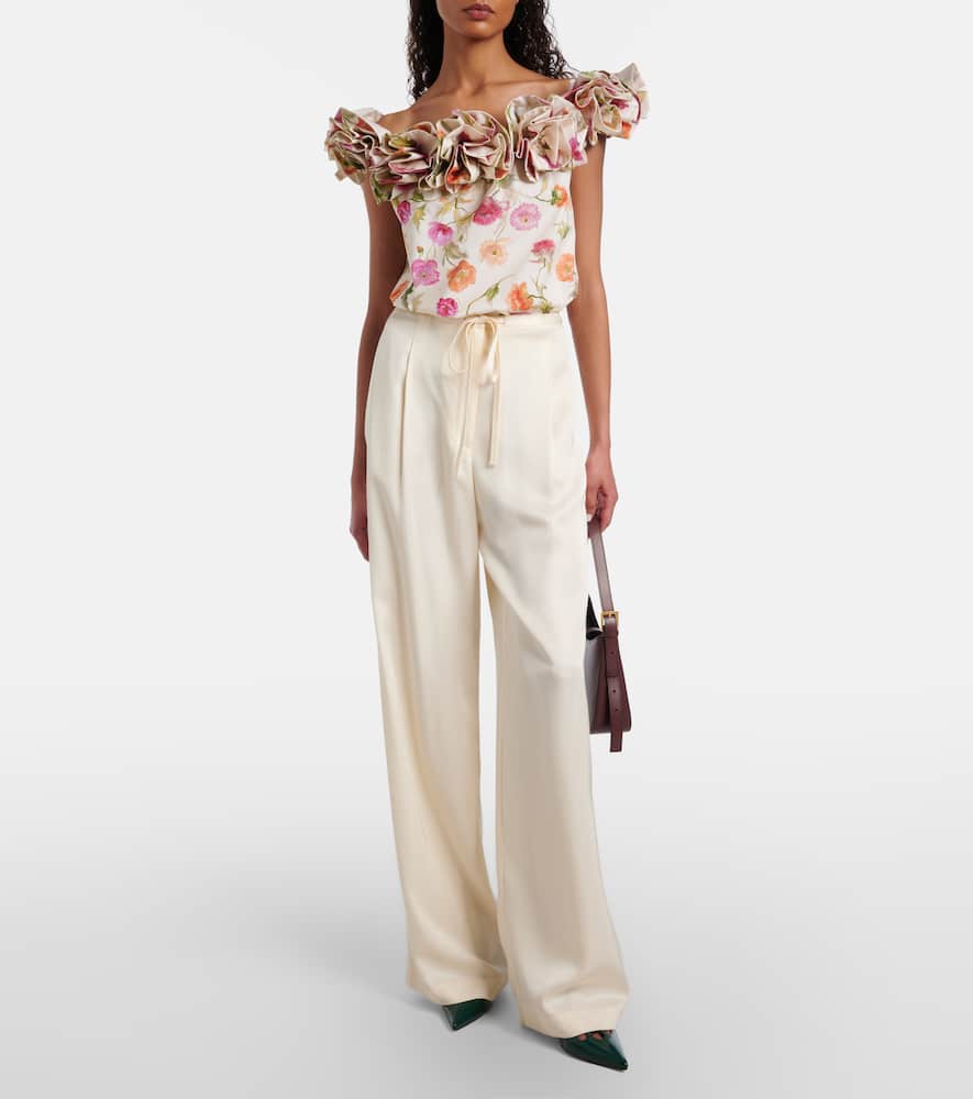 Floral-appliqué off-shoulder cotton-blend top