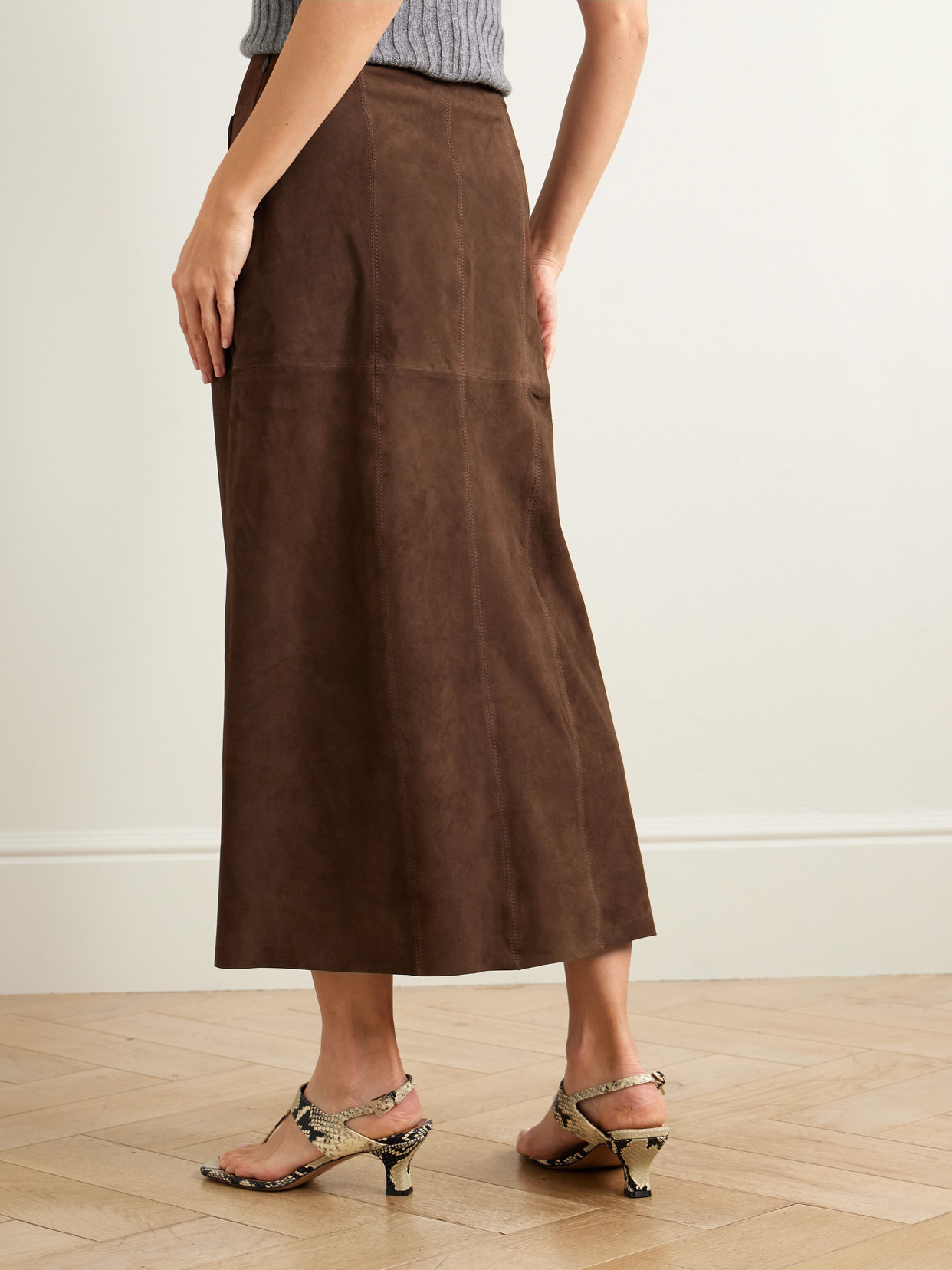 Edwina Embellished Paneled Suede Midi Skirt - Brown